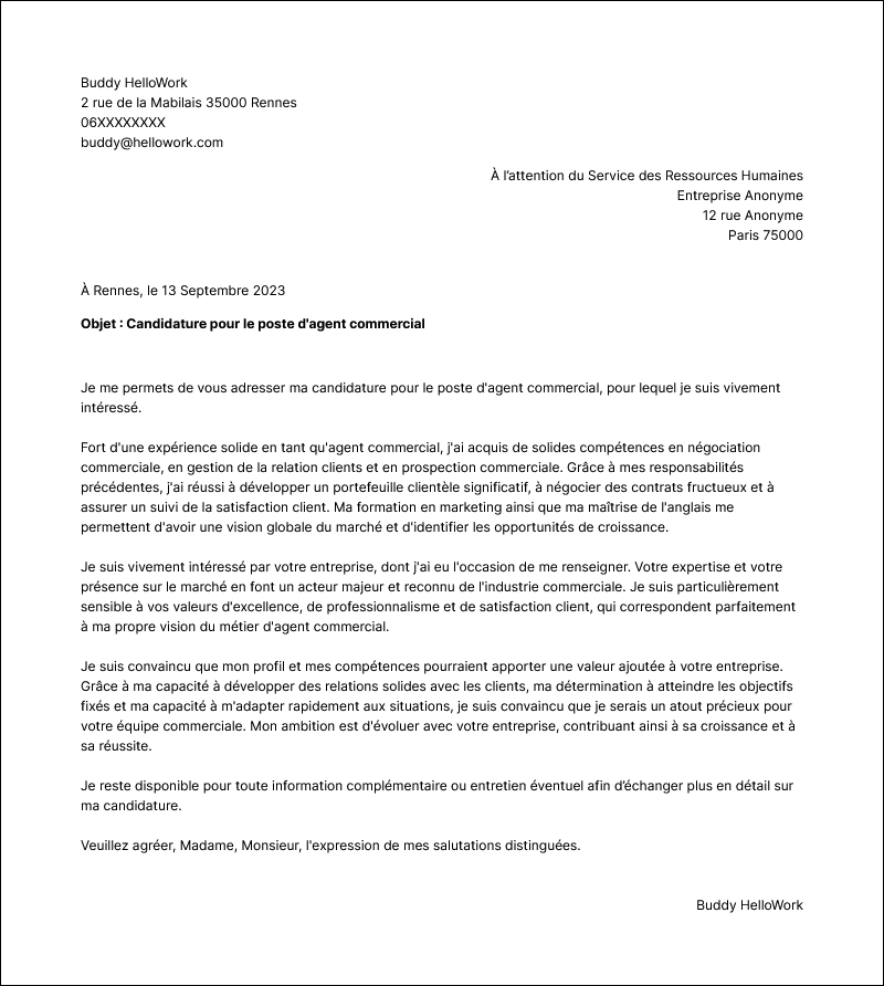 Modèle lettre de motivation Agent commercial Exemple lettre de motivation Agent commercial