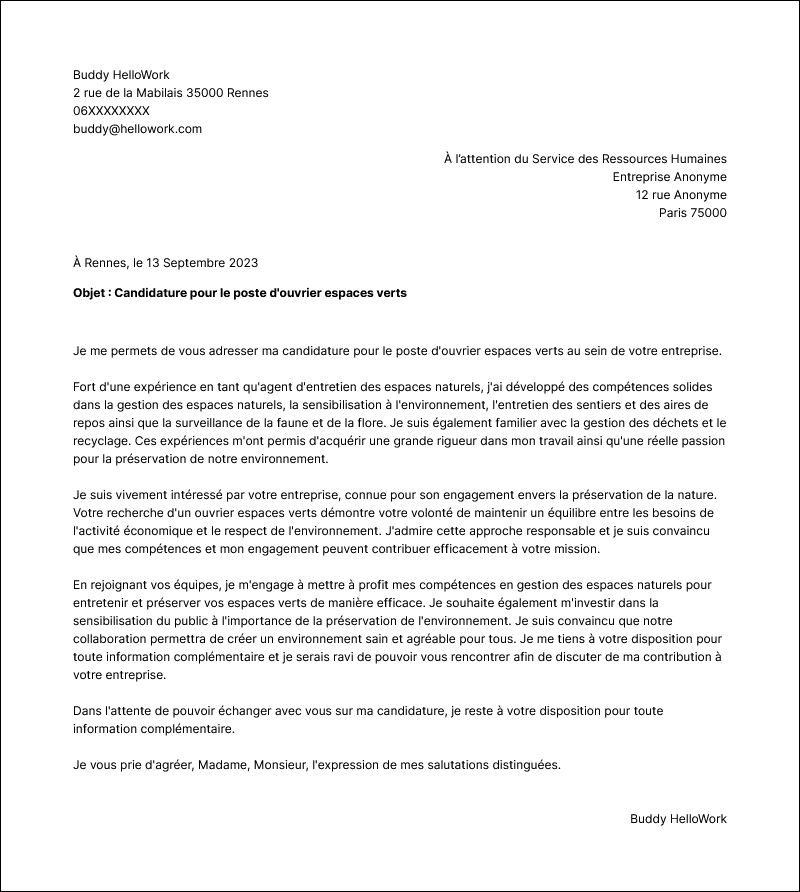 Modèle lettre de motivation Agent d'entretien des espaces naturels Exemple lettre de motivation Agent d'entretien des espaces naturels