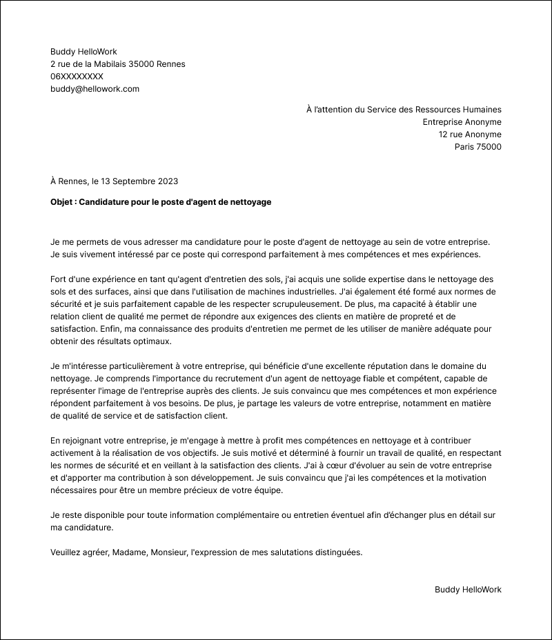 Modèle lettre de motivation Agent de nettoyage Exemple lettre de motivation Agent de nettoyage