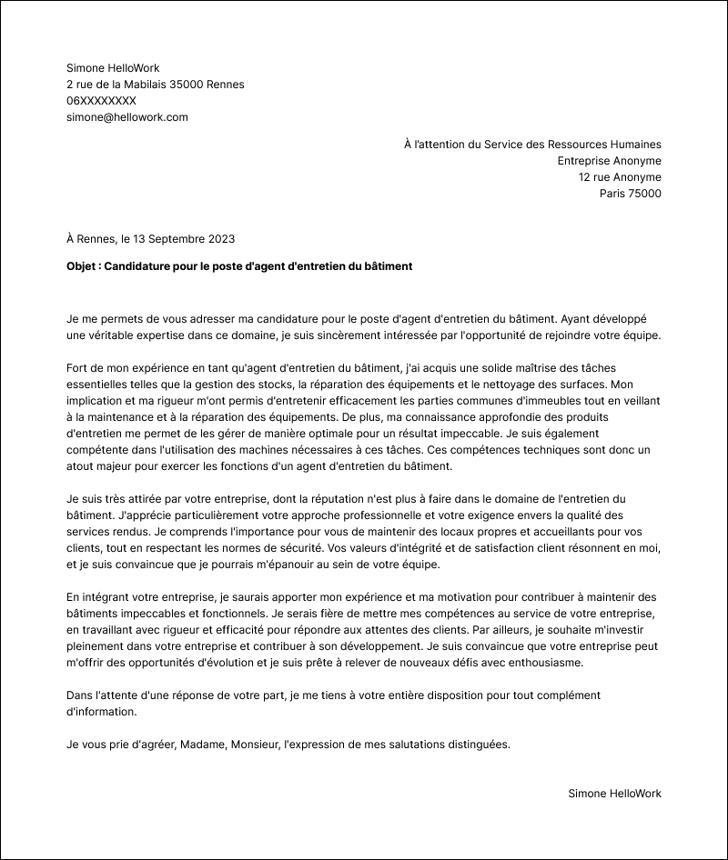 Modèle lettre de motivation Agent d'entretien du bâtiment Exemple lettre de motivation Agent d'entretien du bâtiment