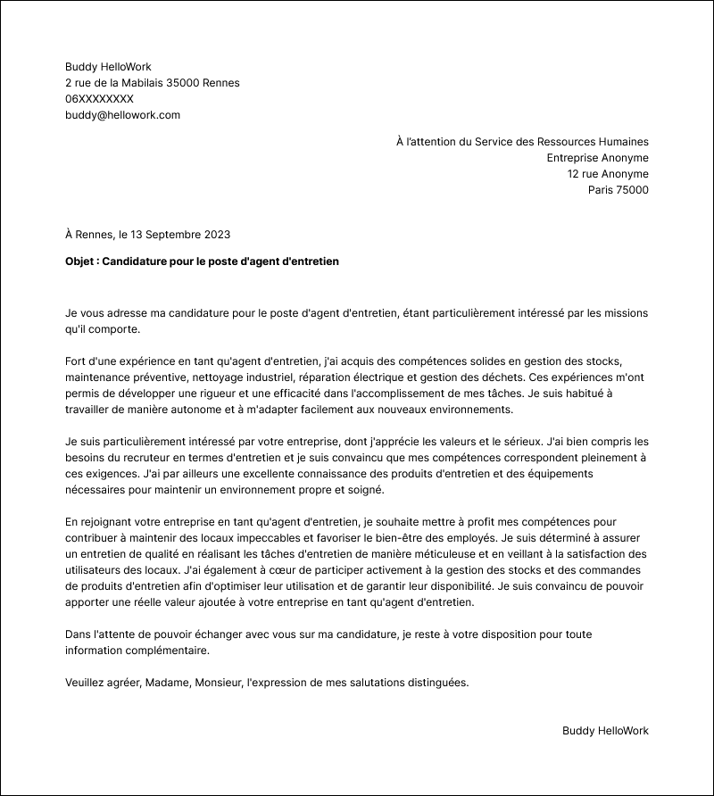 Modèle lettre de motivation Agent d'entretien Exemple lettre de motivation Agent d'entretien