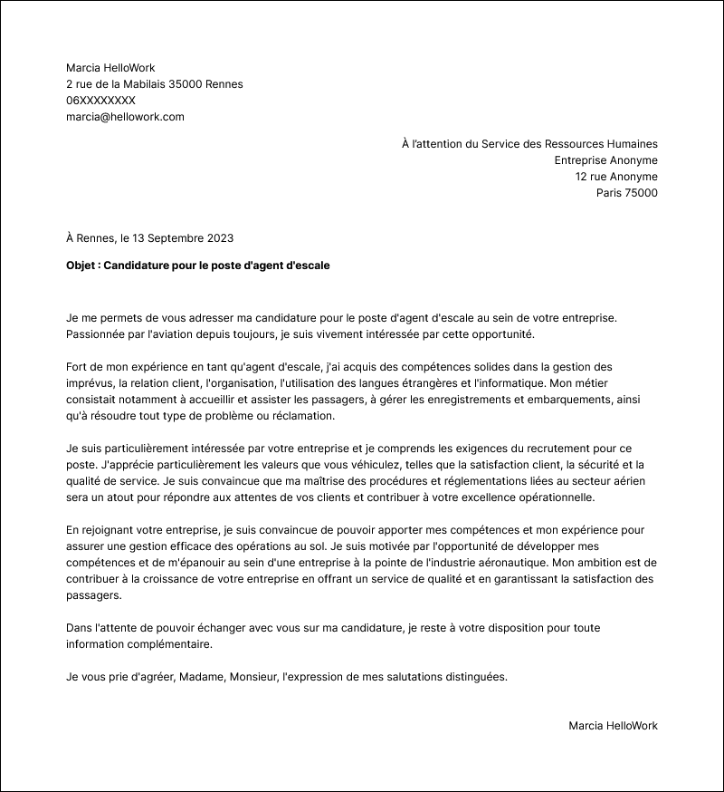 Modèle lettre de motivation Agent d'escale Exemple lettre de motivation Agent d'escale