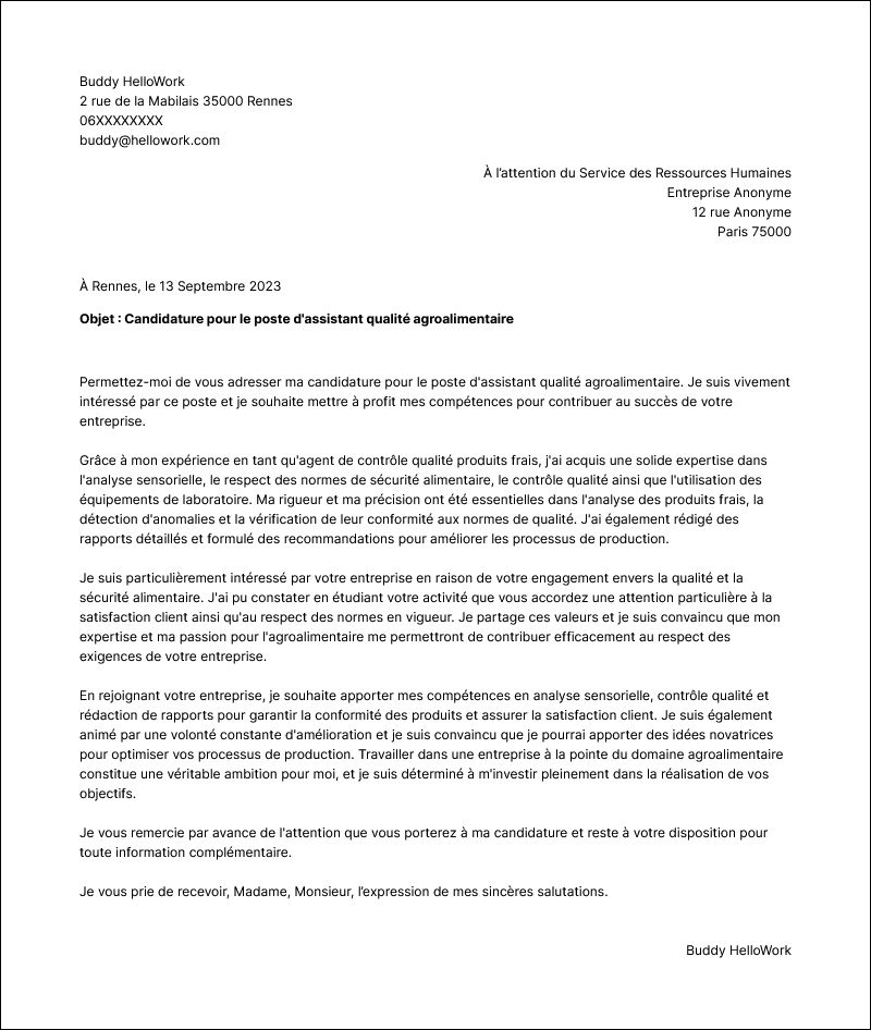 Modèle lettre de motivation Assistant qualité agroalimentaire Exemple lettre de motivation Assistant qualité agroalimentaire