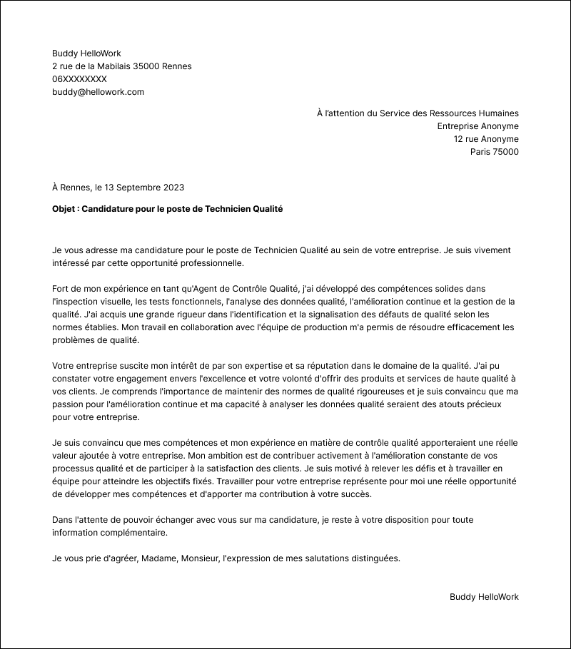 Modèle lettre de motivation Technicien de qualité Exemple lettre de motivation Technicien de qualité