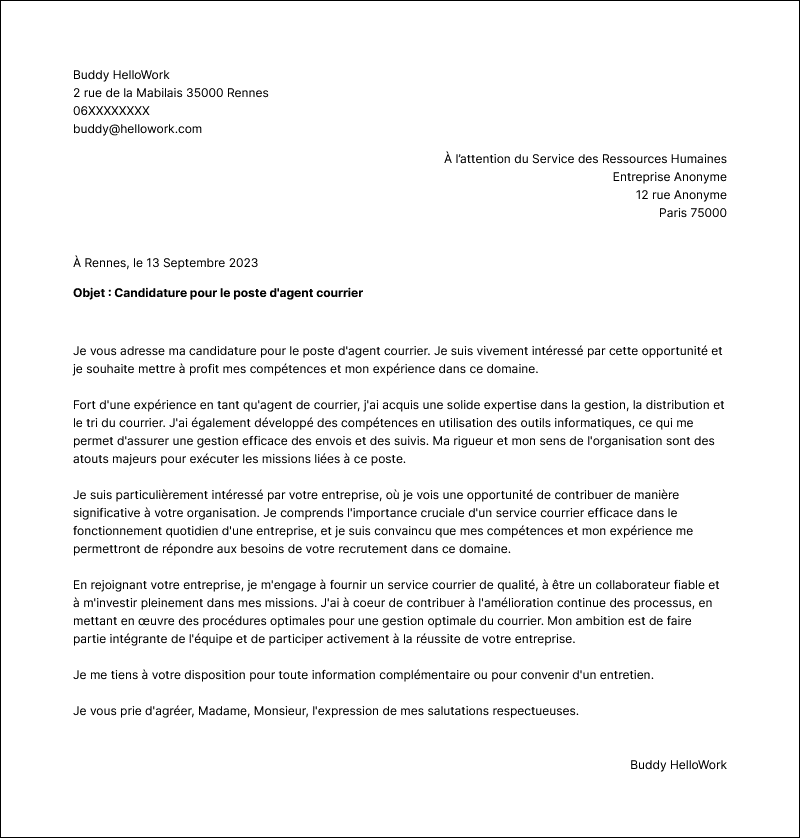Modèle lettre de motivation Agent de courrier Exemple lettre de motivation Agent de courrier