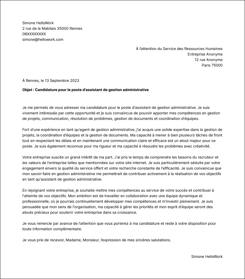Modèle lettre de motivation Assistant de gestion administrative Exemple lettre de motivation Assistant de gestion administrative
