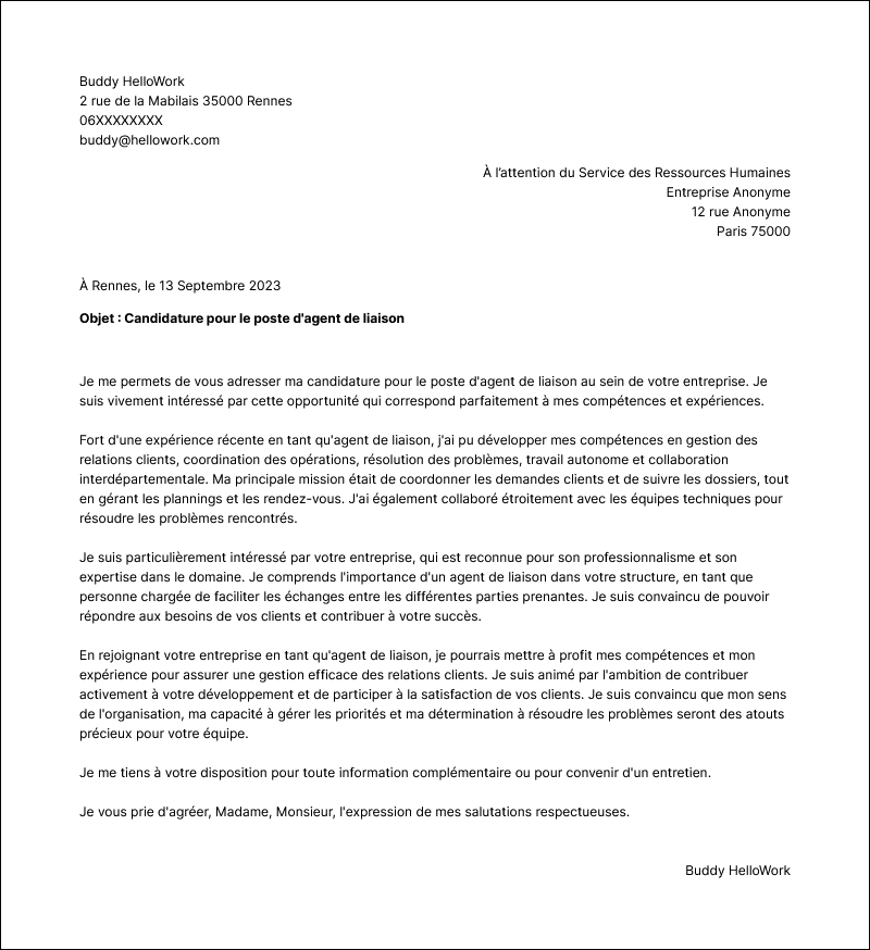 Modèle lettre de motivation Agent de liaison Exemple lettre de motivation Agent de liaison