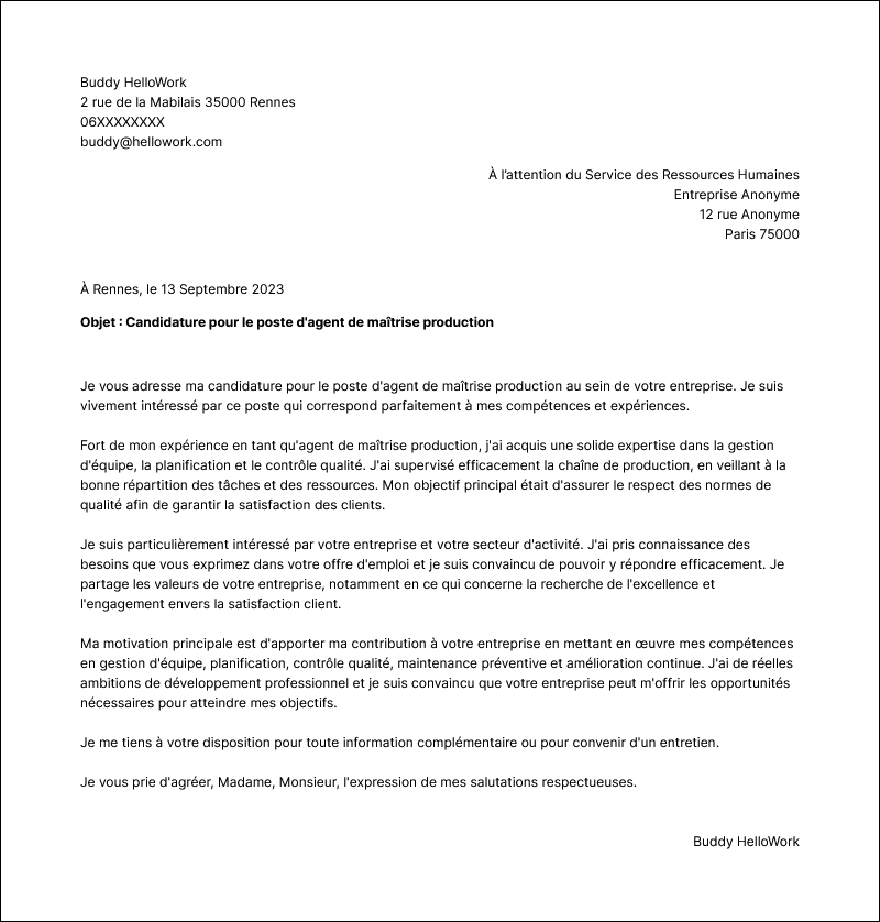 Modèle lettre de motivation Agent de maîtrise production Exemple lettre de motivation Agent de maîtrise production