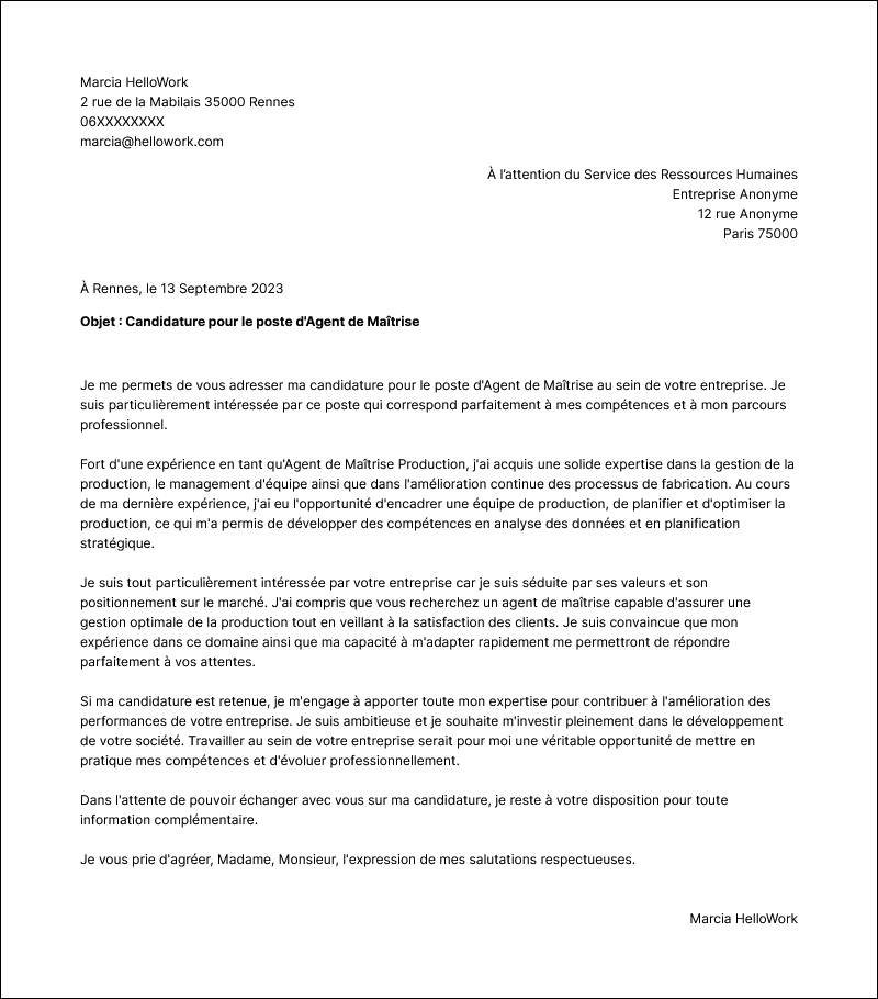 Modèle lettre de motivation Agent de maîtrise Exemple lettre de motivation Agent de maîtrise
