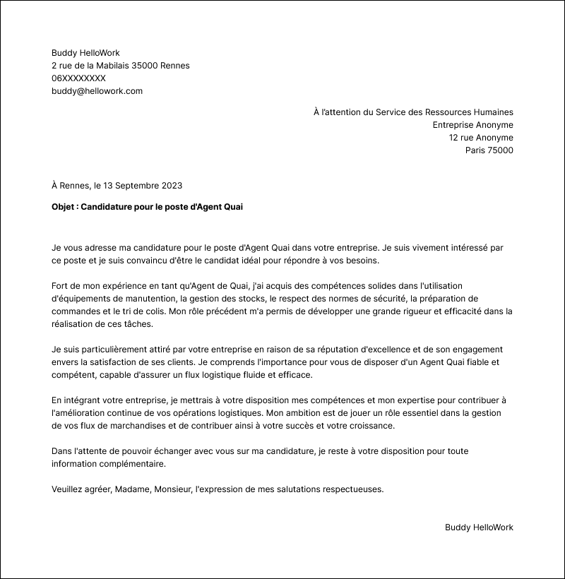Modèle lettre de motivation Agent de quai Exemple lettre de motivation Agent de quai