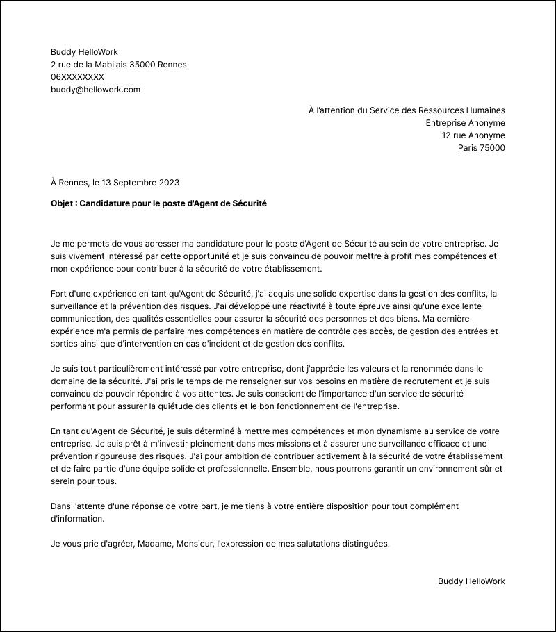 Modèle lettre de motivation Agent de sécurité Exemple lettre de motivation Agent de sécurité