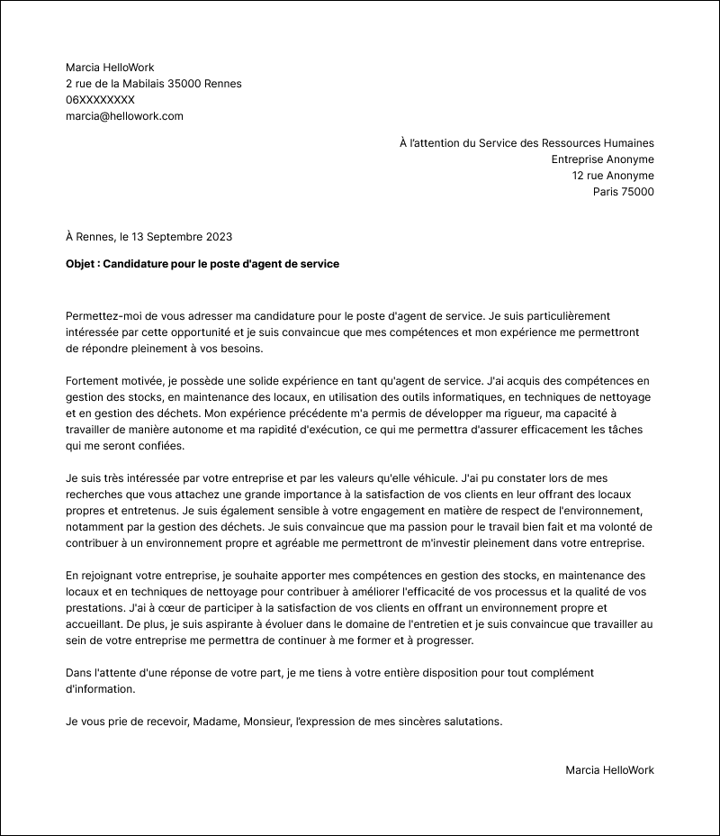 Modèle lettre de motivation Agent de service Exemple lettre de motivation Agent de service