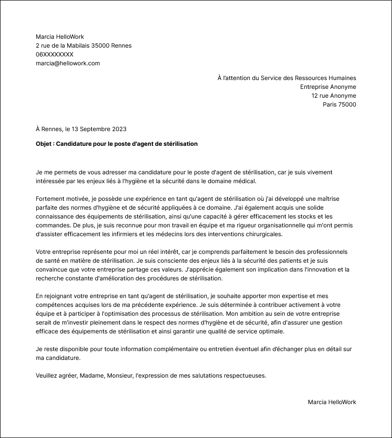 Modèle lettre de motivation Agent de stérilisation Exemple lettre de motivation Agent de stérilisation