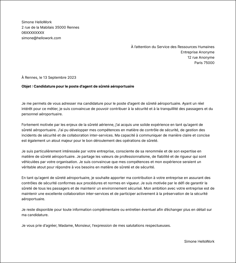 Modèle lettre de motivation Agent de sûreté aéroportuaire Exemple lettre de motivation Agent de sûreté aéroportuaire