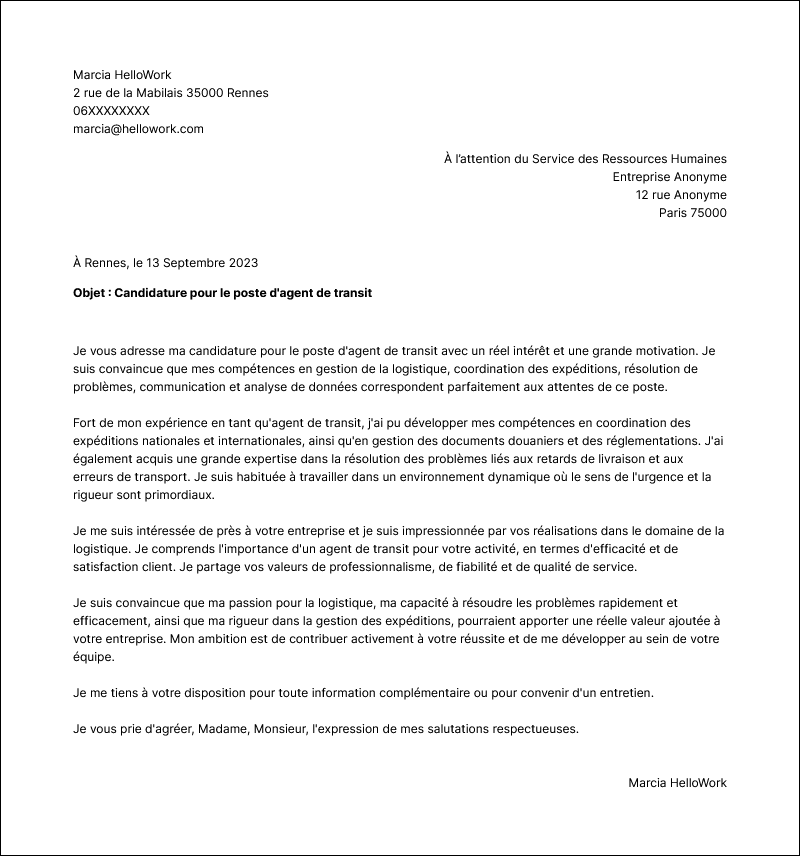 Modèle lettre de motivation Agent de transit Exemple lettre de motivation Agent de transit