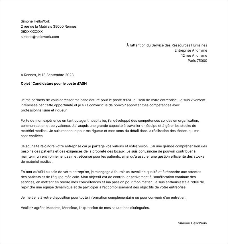 Modèle lettre de motivation ASH Exemple lettre de motivation ASH