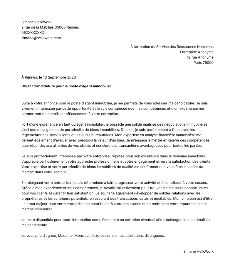 Modèle lettre de motivation Agent immobilier Exemple lettre de motivation Agent immobilier