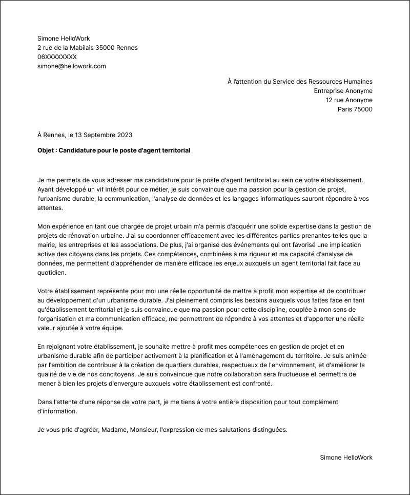 Modèle lettre de motivation Agent territorial Exemple lettre de motivation Agent territorial