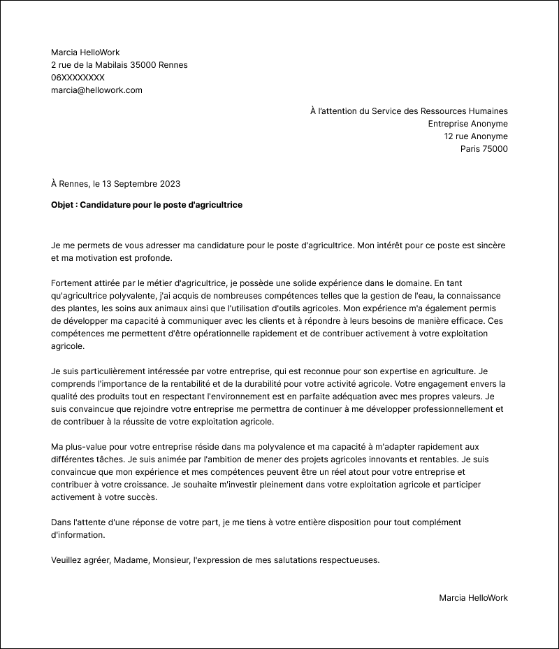 Modèle lettre de motivation Agriculteur Exemple lettre de motivation Agriculteur
