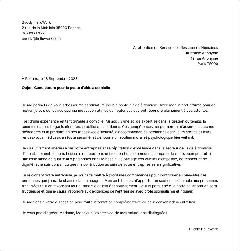 Modèle lettre de motivation Aide à domicile Exemple lettre de motivation Aide à domicile