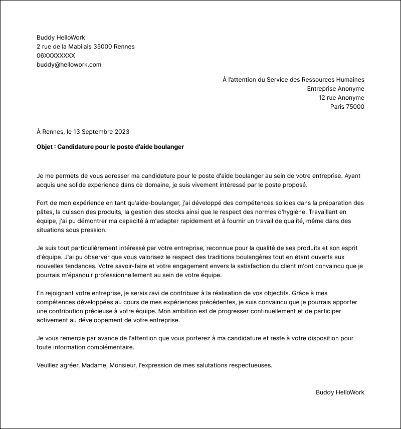 Modèle lettre de motivation Aide-boulanger Exemple lettre de motivation Aide-boulanger