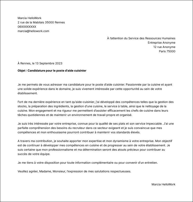 Modèle lettre de motivation Aide cuisinier Exemple lettre de motivation Aide cuisinier