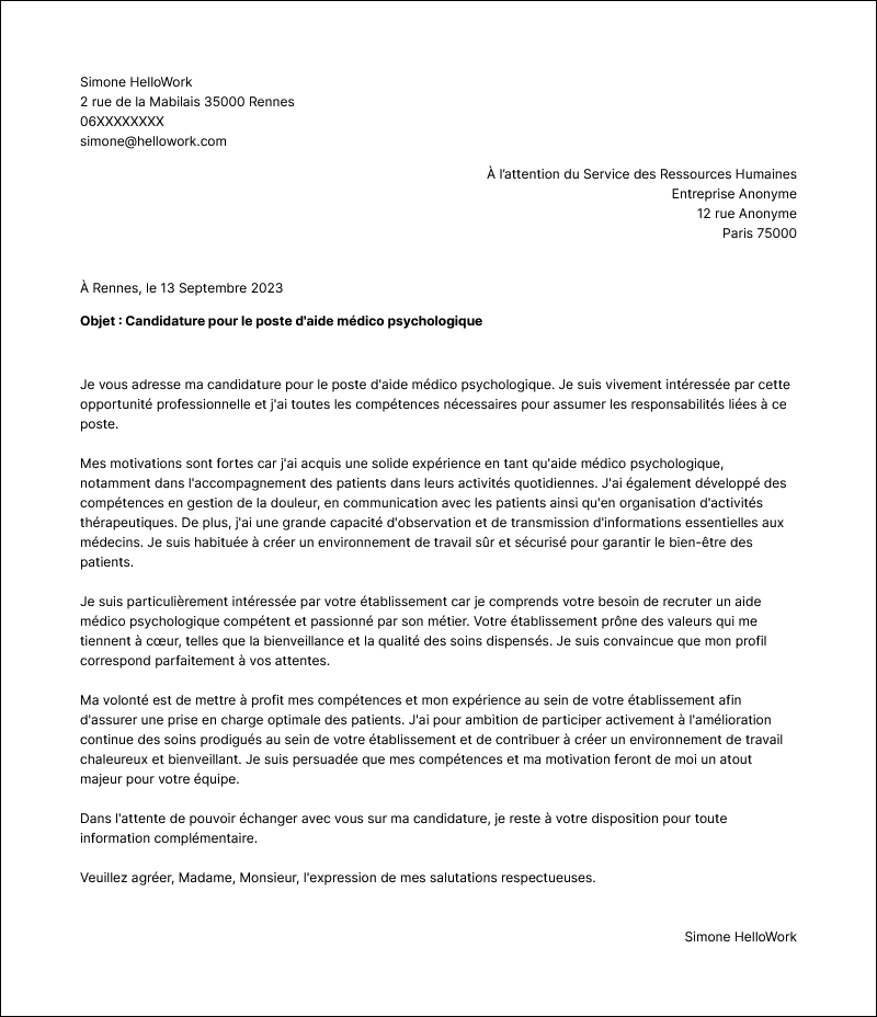 Modèle lettre de motivation Aide médico-psychologique Exemple lettre de motivation Aide médico-psychologique