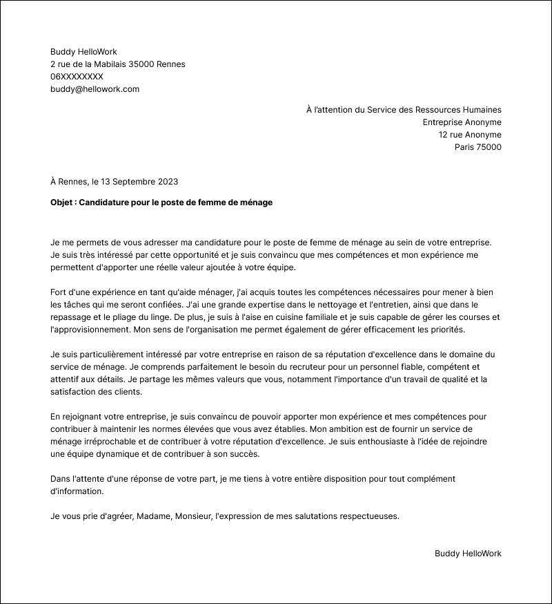 Modèle lettre de motivation Femme de ménage Exemple lettre de motivation Femme de ménage