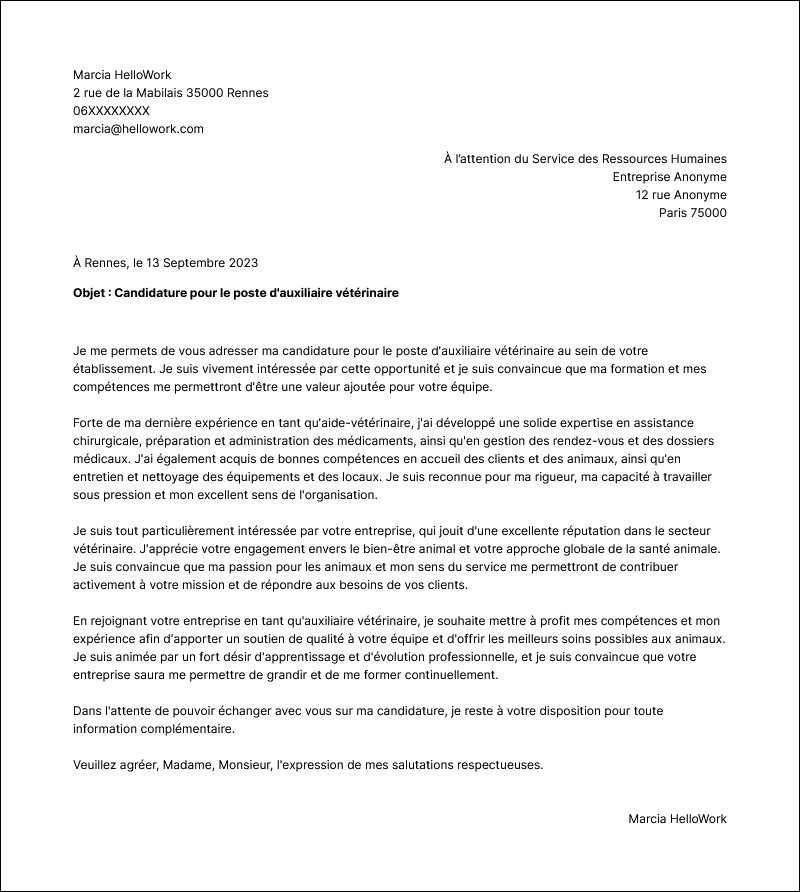 Modèle lettre de motivation Auxiliaire vétérinaire Exemple lettre de motivation Auxiliaire vétérinaire