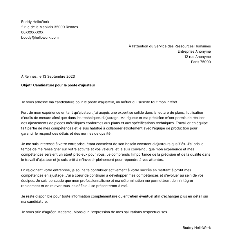 Modèle lettre de motivation Ajusteur Exemple lettre de motivation Ajusteur