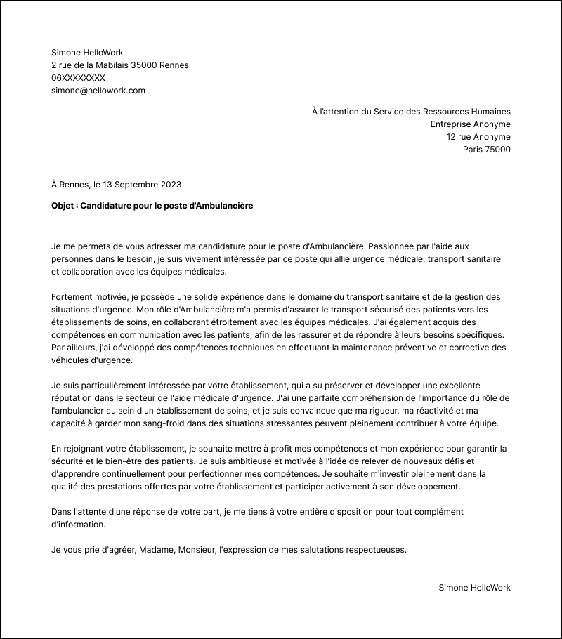 Modèle lettre de motivation Ambulancier Exemple lettre de motivation Ambulancier
