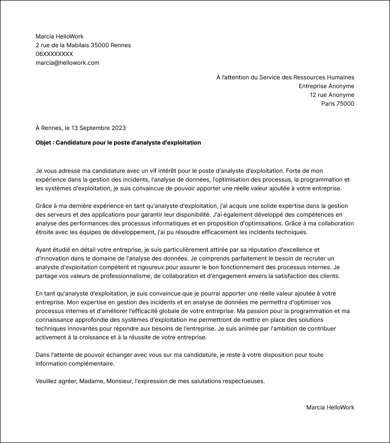 Modèle lettre de motivation Analyste d'exploitation Exemple lettre de motivation Analyste d'exploitation