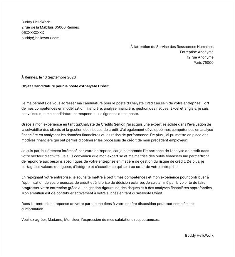 Modèle lettre de motivation Analyste crédit Exemple lettre de motivation Analyste crédit