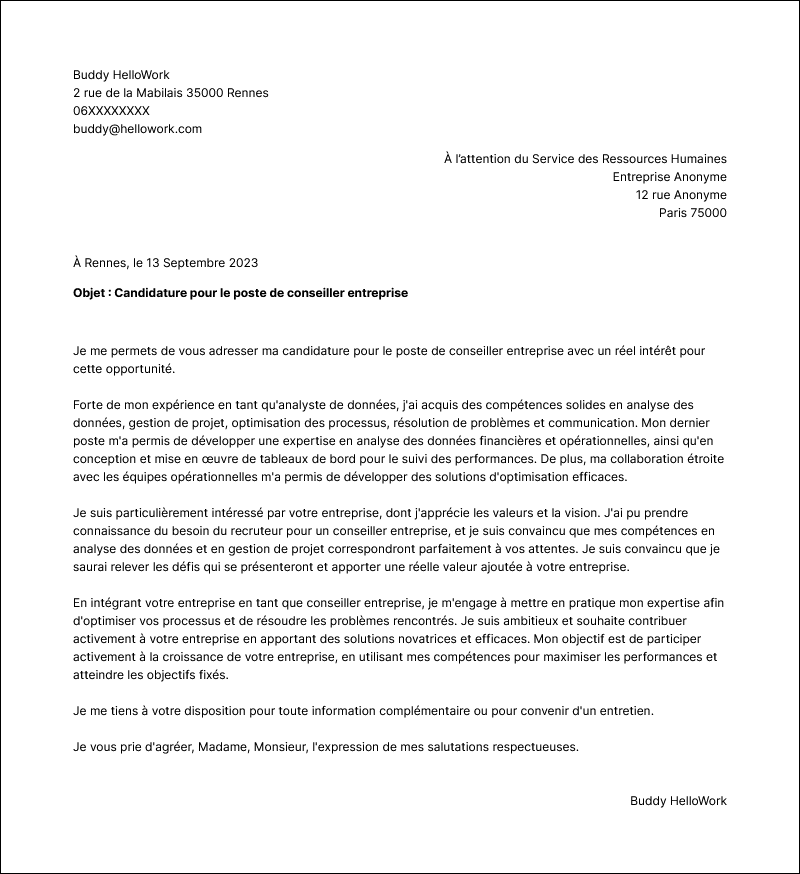 Modèle lettre de motivation Conseiller d'entreprise Exemple lettre de motivation Conseiller d'entreprise