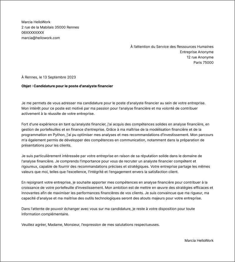 Modèle lettre de motivation Analyste financier Exemple lettre de motivation Analyste financier