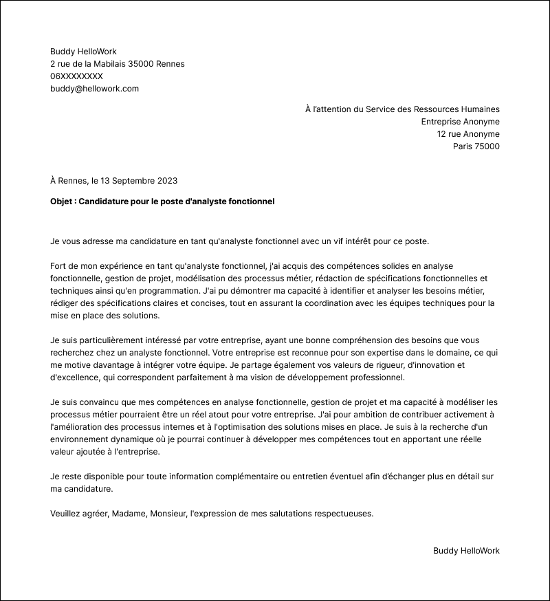 Modèle lettre de motivation Analyste fonctionnel Exemple lettre de motivation Analyste fonctionnel