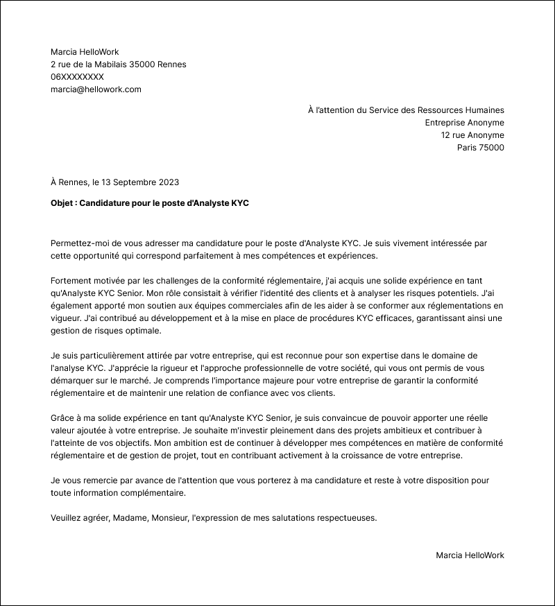 Modèle lettre de motivation Analyste KYC Exemple lettre de motivation Analyste KYC