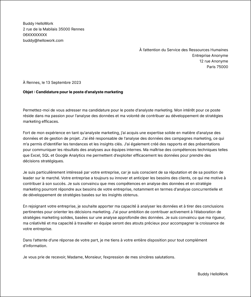 Modèle lettre de motivation Analyste marketing Exemple lettre de motivation Analyste marketing