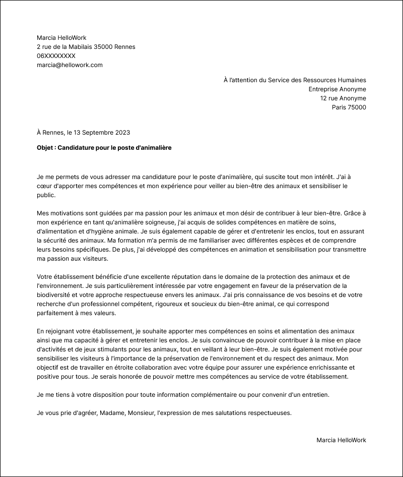 Modèle lettre de motivation Animalier Exemple lettre de motivation Animalier