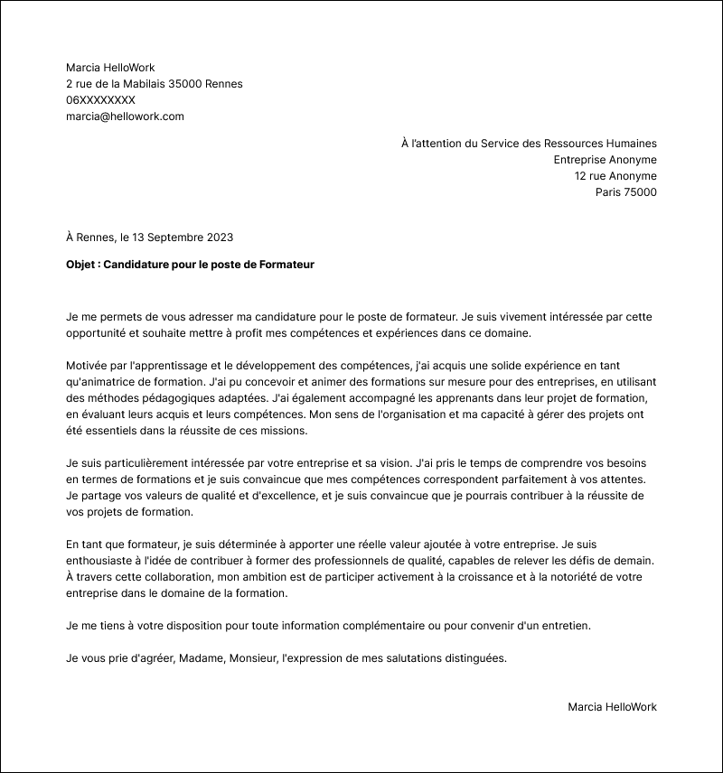 Modèle lettre de motivation Animateur de formation Exemple lettre de motivation Animateur de formation