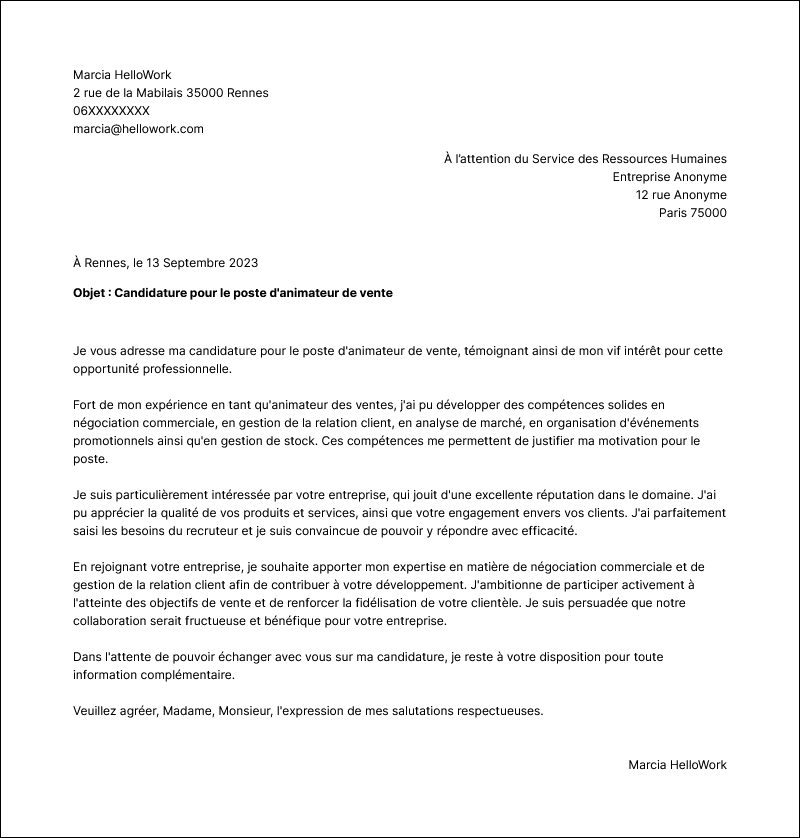 Modèle lettre de motivation Animateur des ventes Exemple lettre de motivation Animateur des ventes