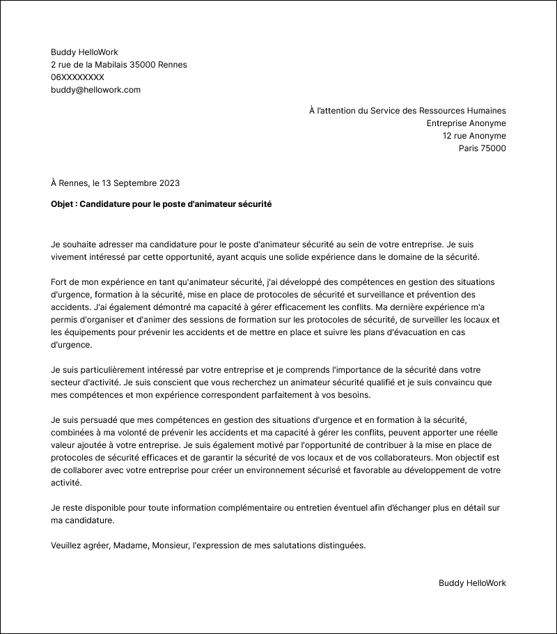 Modèle lettre de motivation Animateur sécurité Exemple lettre de motivation Animateur sécurité