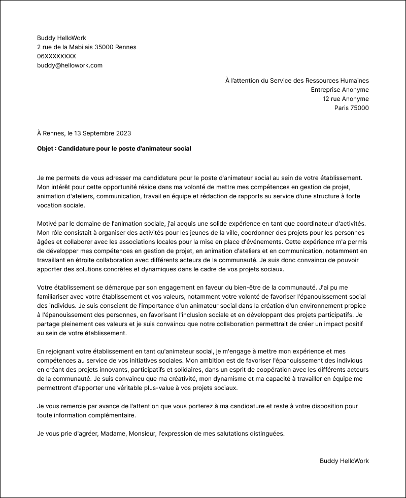 Modèle lettre de motivation Animateur social Exemple lettre de motivation Animateur social