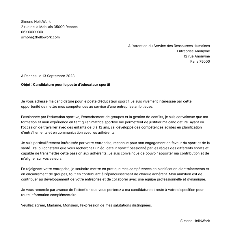 Modèle lettre de motivation Animateur sportif Exemple lettre de motivation Animateur sportif