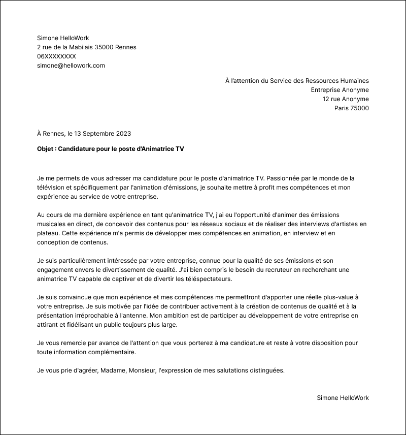 Modèle lettre de motivation Animateur télé Exemple lettre de motivation Animateur télé