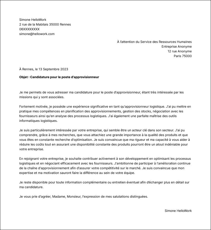 Modèle lettre de motivation Approvisionneur logistique Exemple lettre de motivation Approvisionneur logistique