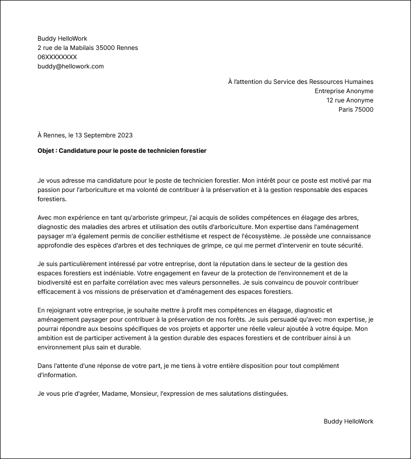 Modèle lettre de motivation Technicien forestier Exemple lettre de motivation Technicien forestier