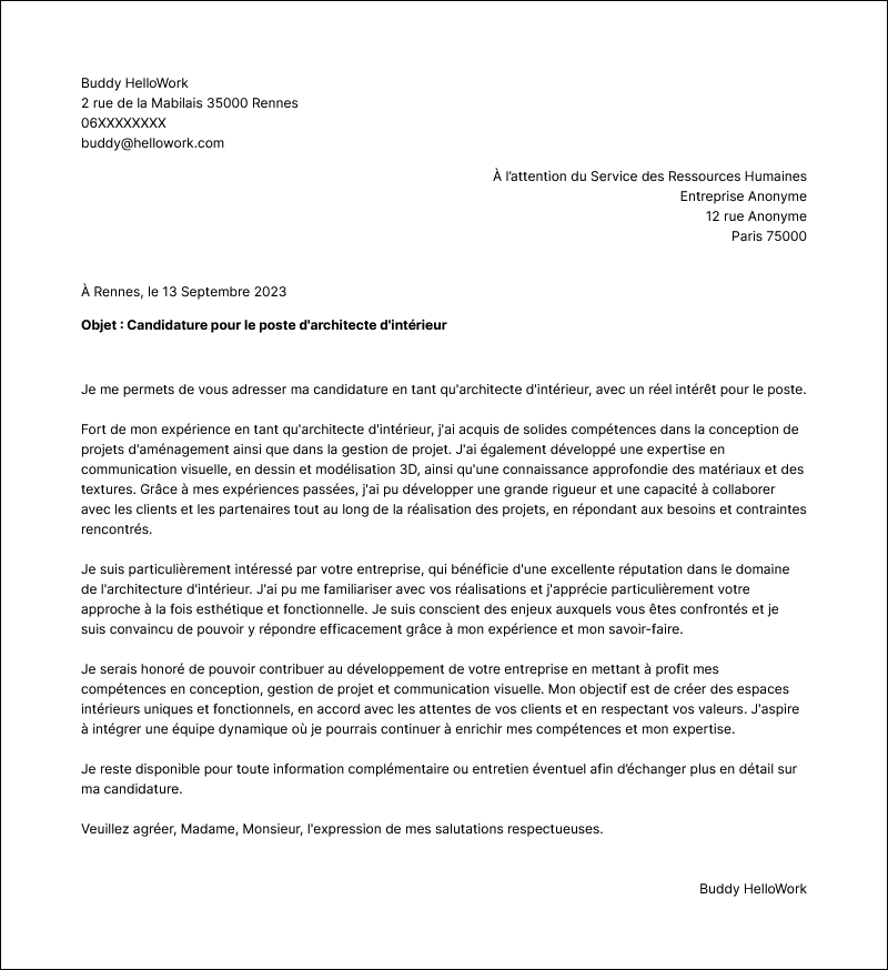 Modèle lettre de motivation Architecte d'intérieur Exemple lettre de motivation Architecte d'intérieur