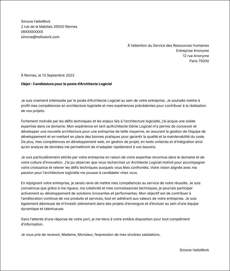 Modèle lettre de motivation Architecte logiciel Exemple lettre de motivation Architecte logiciel