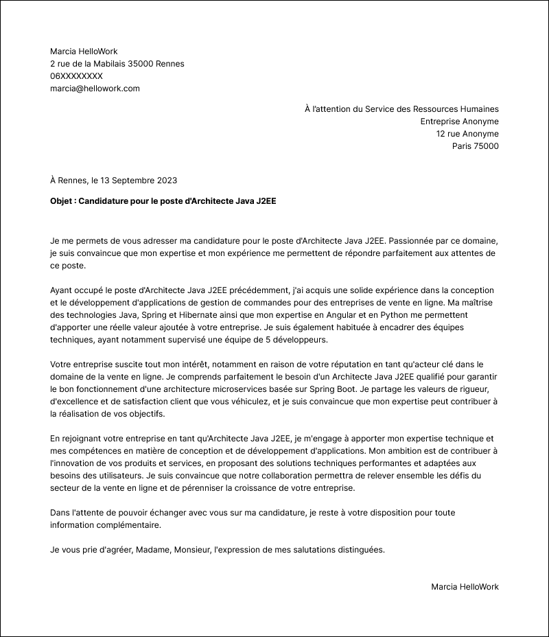 Modèle lettre de motivation Architecte java J2EE Exemple lettre de motivation Architecte java J2EE